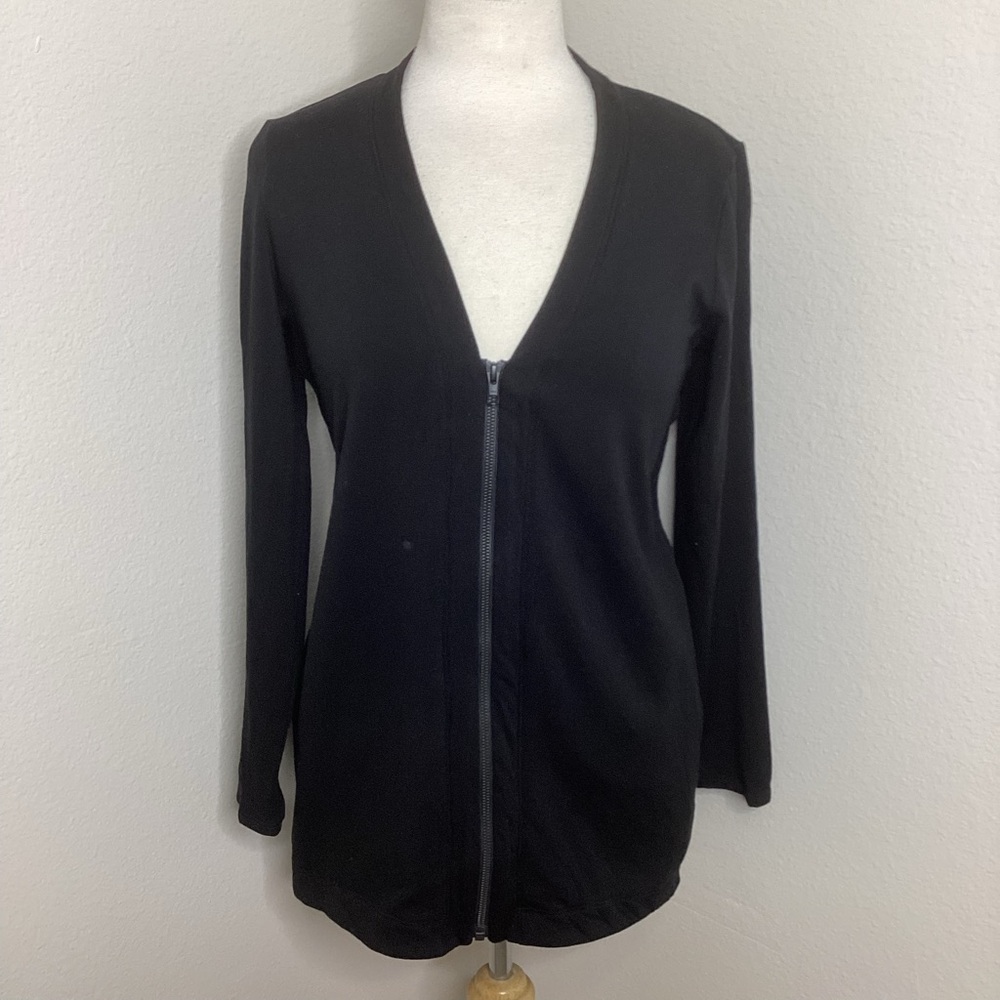 Eileen Fisher V Neck Zip Front Cardigan Black Tencel Sm
